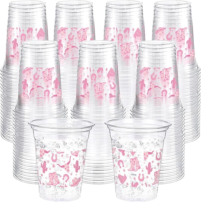 Jingmore 100 Pcs Western Plastic Cups 12 oz Clear Disposable Plastic Cowboy Cowgirl Drinking Cups Bulk for Boho Preppy Baby Shower Birthday Wild West Party Decoration Supplies(Western Cowgirl,Pink)
