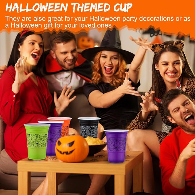 Pickmesh 120 Pcs Halloween Plastic Cups 16 oz Disposable Coffee Cup Spider Web Decoration Hot Cold Drink Wine for Halloween Party Favors Supplies