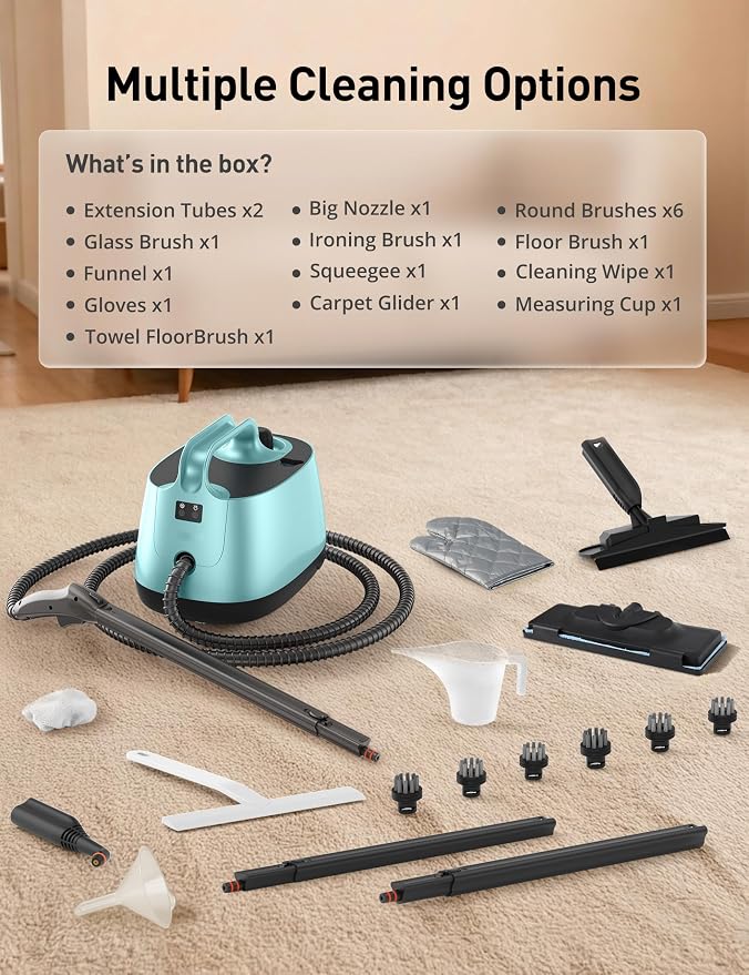 Carpet Steam Cleaner for Home, 293°F 58 PSI Powerful Multipurpose Handheld Steam Mop, 21 Attachments, 50Oz Capacity, Heavy Duty Steamer for Carpets, Floors, Cars, Tiles, Crack Cleaning, Turquoise