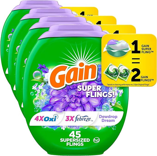 Gain Super Flings Laundry Detergent Pacs, 45 Count, Dewdrop Dream scent, clean and fresh washing detergent laundry soap pacs (Pack of 4)