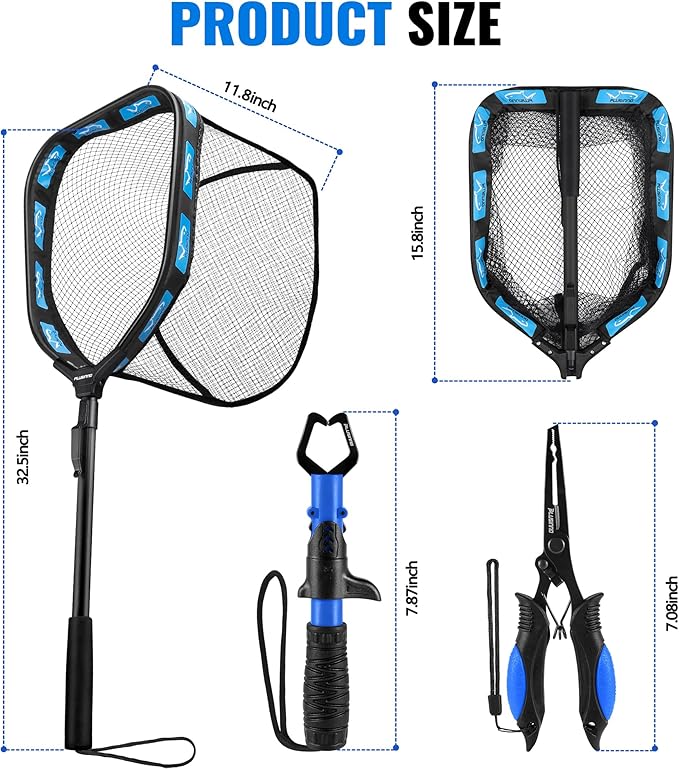 PLUSINNO Floating Fishing Net for Steelhead, Salmon, Fly, Kayak, Catfish, Bass, Trout Fishing, Rubber Coated Foldable Landing Net with Fixed or Telescoping Pole Handle, Fishing Gear and Gifts for Men