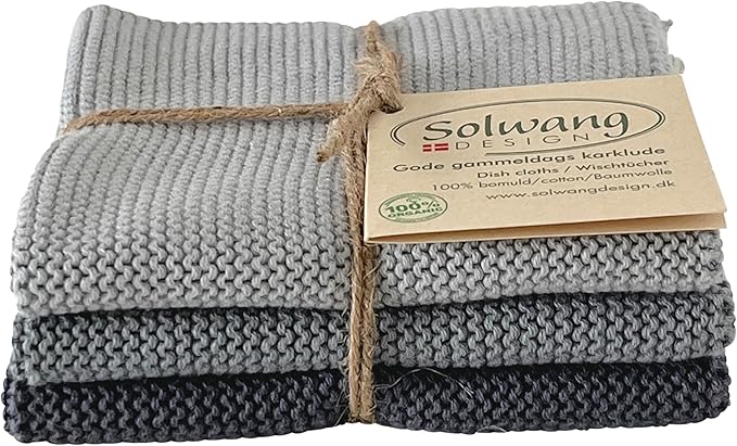 Solwang 3-Piece Danish Cotton Dishcloths in 100% Certified Organic Cotton Made in India (Storm Grey Organic Combi)