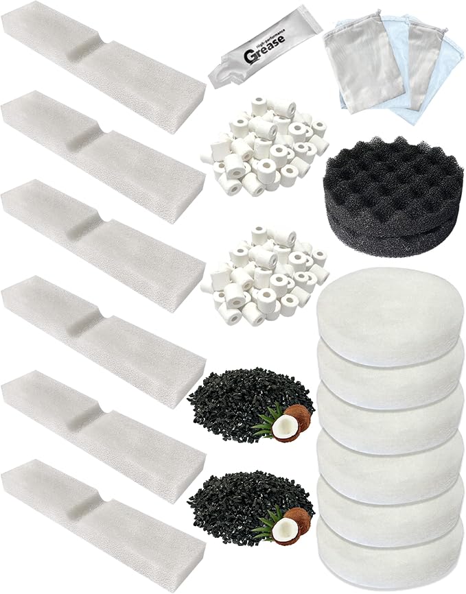 23 PCS Aquarium Media Kits Replacement for Fluval FX2 / FX4 / FX5 / FX6 Canister Filters, Including Bio-Foam Block, Carbon Sponge Filter, Ceramic Ring, Activated Carbon, Silicone Lubricant, Mesh Bag
