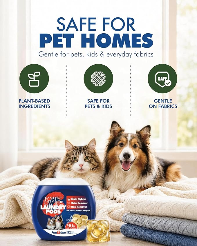 FurGone Laundry Detergent Pods for Pet Owners, 52 Count, Pet Hair Remover & Odor Eliminator, Rose & Oud Scent, Bio-Based Formula, Tough Stain Removal, Fast Dissolving, HE Compatible