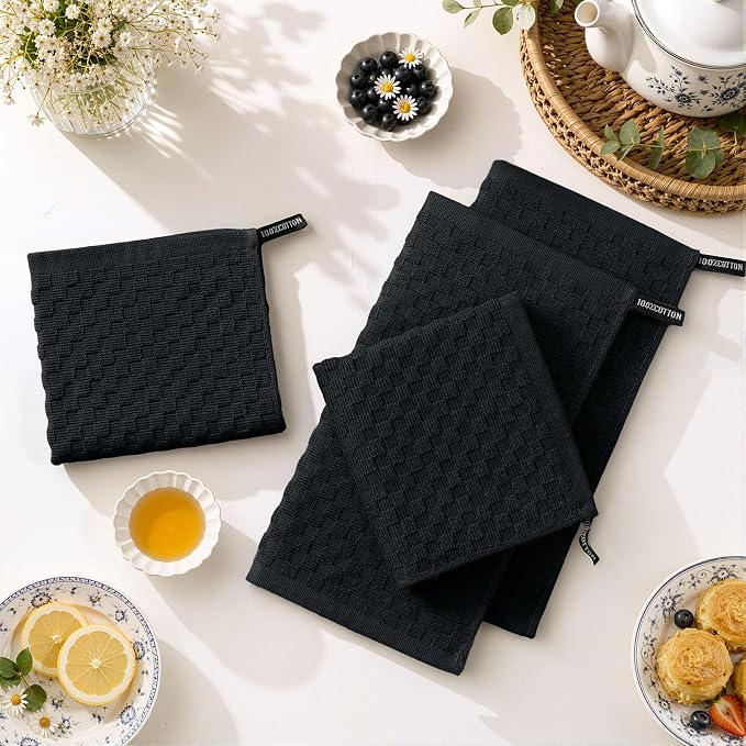Homaxy 100% Cotton Terry Kitchen Dish Cloths, Ultra Soft Absorbent Dish Towels with Hanging Loop, Pineapple Grid Designed, 12 x 12 Inches, 8-Pack, Black