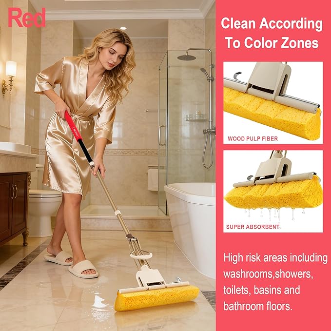 LILAC Cellulose Sponge Mop with 2 Replacement Heads, 4-Color Handle Choices for Zoned Cleaning, Super Absorbent Pop Up Roller Mop for Hardwood,Laminate Floors, Heavy Duty Floor Scrubber (Red)