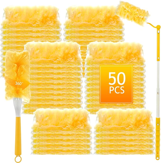 50 PCS Heavy Duty Duster Refills with Retractable Handle and Short Handle, Disposable Surface Duster Kit for Cleaning Dusting Furniture Blind Ceiling Fan(Yellow)