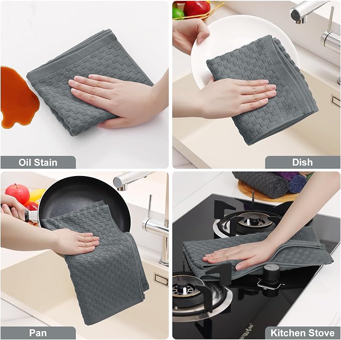 Homaxy 100% Cotton Terry Kitchen Towels(15" x 25", 12 Pack), Soft and Super Absorbent Dish Towels, 380 GSM Reusable Tea Towel with Hanging Loop, Pineapple Grid Designed, Dark Grey
