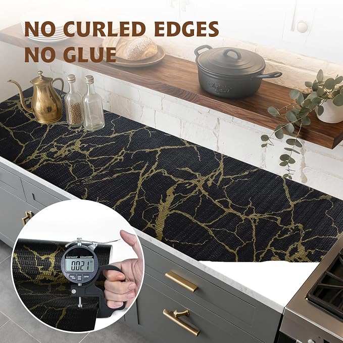 2-Layer Drawer and Shelf Liner for Kitchen Cabinet: 17in X 30Ft Non Slip Waterproof Shelf Paper Non Adhesive Refrigerator Liners Black/Gold Marble Easy Liners for Bathroom with Knife Tape Measure