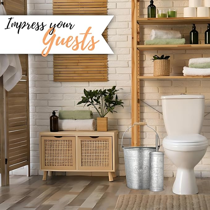 Autumn Alley Rustic Farmhouse Trash Can and Toilet Brush Holder Set - Galvanized Bathroom Trash Can with Matching Toilet Brush, Rustic Farmhouse Bathroom Decor, Grey, 2 Gal.