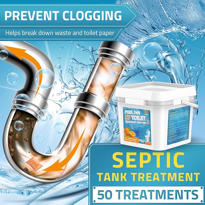 PAULINN RV Toilet Treatment Drop Ins, 50 Packs Septic Tank Treatment Pods Holding Tank Deodorizer for RV Black & Grey Water Tank Camper Marine Boat Camping, Orange