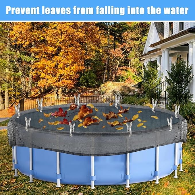 28 Feet Round Leaf Net Cover for Above Ground Pool, Winter Cover Mesh Cover with 20 Pcs Large Metal Clips，Pool Safety Net Fits 28FT Above Ground Pools, Keeps Leaves Out of Your Pool