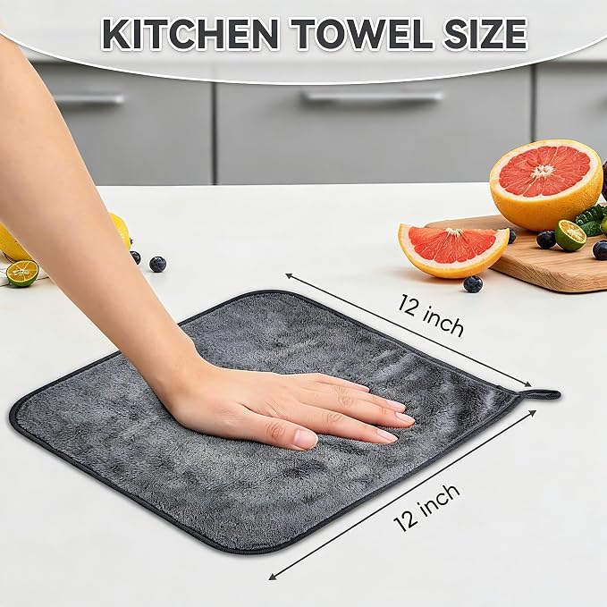 Microfiber Cleaning Cloth 6 Pack, Ultra Soft Absorbent Lint Free Reusable Kitchen Towels with Hanging Loop, 12x12 Inch Gray Dish Towels for Kitchen, Car & Household