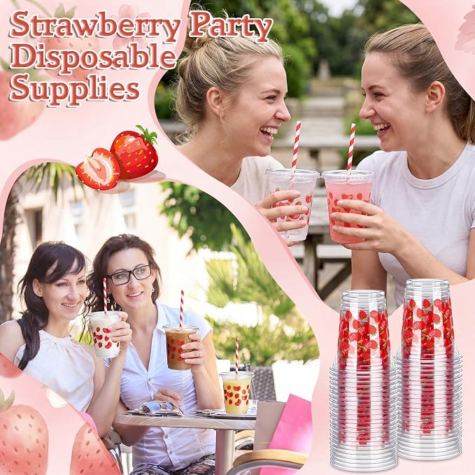 Domensi 25 Sets Strawberry Themed Plastic Cups with Lids and Paper Straws 12oz Red Disposable Drinking Cups Bulk for Cold Drinks Baby Shower Wedding Picnic Summer Theme Birthday Party Supplies