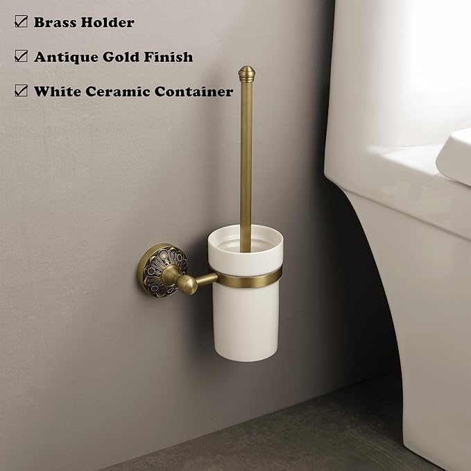 Antique Brass Toilet Brush and Holder, Bathroom Wall Mounted Toilet Bowl Brush with Canister, Vintage Gold Decorative Bathroom Accessories, Ceramic and Brass, Petal-Relief Series
