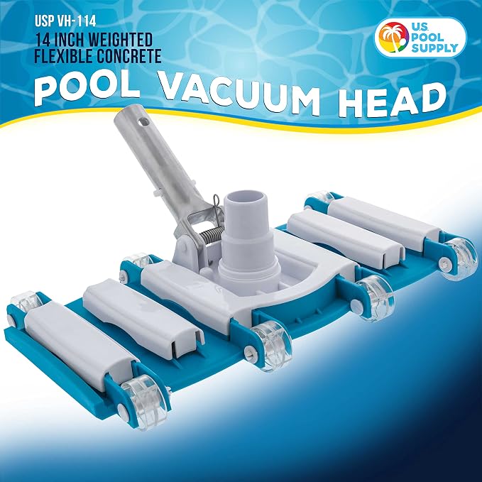 U.S. Pool Supply 14" Manual Pool Vacuum Head for Inground Pools, Flexible, Weighted - 6 Weights, Swivel Hose Connection 1.25" or 1.5", Aluminum Pole Handle - Accessory Attachment, Clean Remove Debris