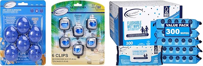 Air Jungles Home & Car Essentials Bundle – Ocean Scent Odor Eliminator Balls (6 Count), Car Vent Clips (6 Pack), and Flushable Wipes (6 Packs, 300 Wipes) – Air Freshener & Cleansing Set
