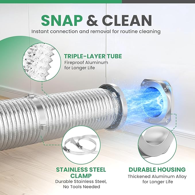 Magnetic Dryer Vent Connector Kit DV180, 4 Inch Dryer Vent Hose with Magnetic Coupling & Aluminum Duct, Leak-Resistant, Heat-Resistant, Flexible, Easy to Install and Clean, for Most Dryer