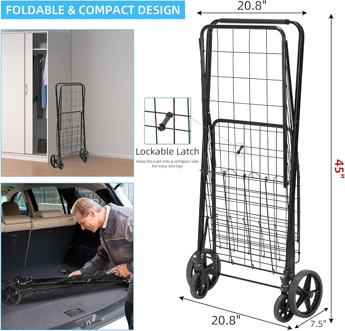 HABUTWAY Grocery Cart on Wheels with Removable Liner, Folding Shopping Cart,Heavy Duty Shopping Carts for Groceries,360° Rolling Laundry Cart,Lightweight Trolley for Seniors 220lb Capacity Black