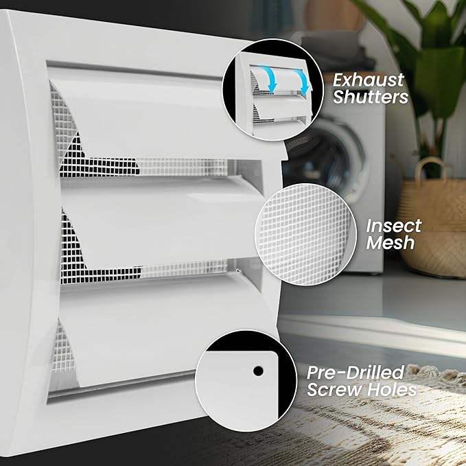 Repa Market 5 Inch Plastic Through Wall Ventilation Kit - Dryer Vent Cover with Cuttable PVC Pipe and Duct Connector - White Indoor Dryer Vent Kit - Dryer Exhaust vent with Backdraft Flaps
