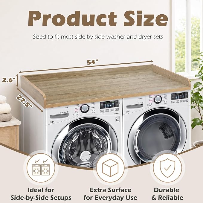 Royxen Washer Dryer Countertop with Solid Wood Core,54“W x 27.5D Laundry Countertop with Edge Rails,Washer and Dryer Topper for Laundry Room Organization(White Oak)
