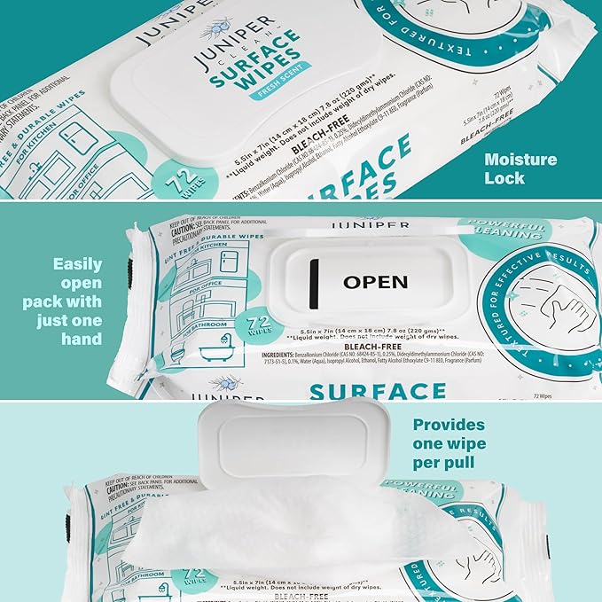 Juniper CLEAN 6 Pack Surface Cleaning Wipes Bleach Free, All-Purpose Cleaner for Bathroom, Kitchen, Office, 72 Count Soft Flow, Fresh Scent, Lint Free & Durable