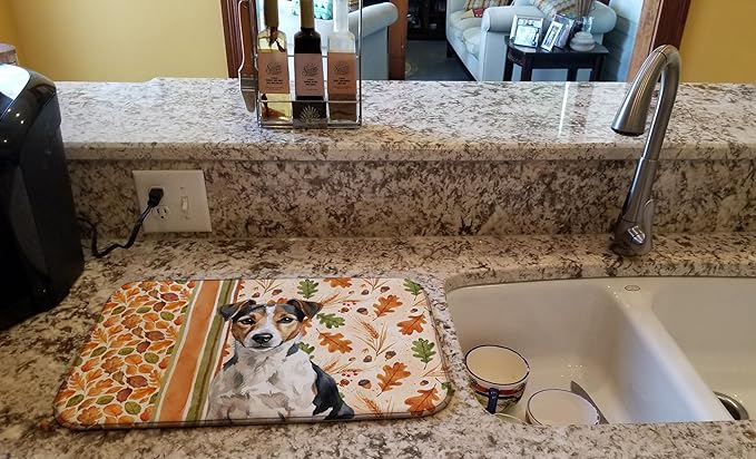 Caroline's Treasures Tricolor Russell Terrier Heirloom Fall Dish Drying Mat Absorbent Dish Drying Mat Pad for Kitchen Counter Dish Drainer Mat for Countertop, 14 x 21", Multicolor