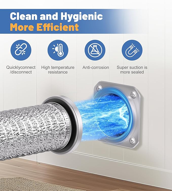 Magnetic Dryer Vent Coupling Connector Kit - DV180 Airtight Seal, Quick Magnetic Connect/Disconnect, Includes 4" Extendable Flexible Duct Hose, 2 Clamps, Screws - Easy Install & Lint Cleaning (silver)