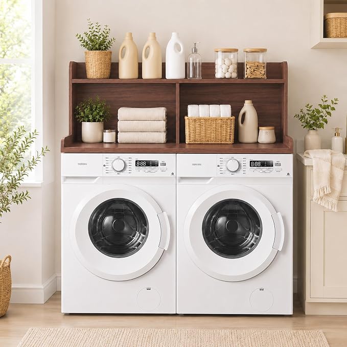 Royxen Laundry Countertop with 20" Shelf Universal Fit, Washer and Dryer Countertop with Storage Space, Laundry Room Storage (Walnut)