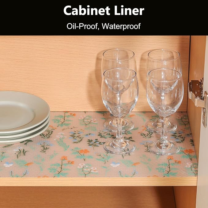 INNOLITES Shelf Liners for Kitchen Cabinets – Drawer Liner Waterproof & Oil-Proof, Non-Adhesive EVA with Floral Pattern – Durable Washable, Easy to Cut (Sage Green, 11.8" x 360")