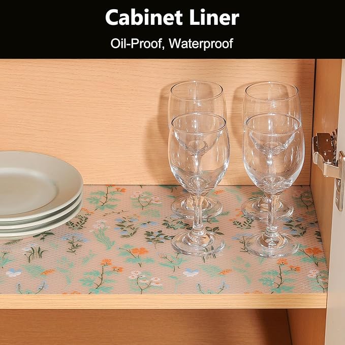 INNOLITES Shelf Liners for Kitchen Cabinets – Drawer Liner Waterproof & Oil-Proof, Non-Adhesive EVA with Floral Pattern – Durable Washable, Easy to Cut (Sage Green, 23.6" x 360")