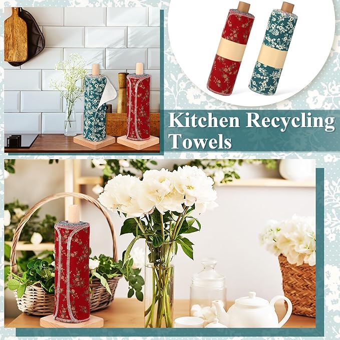 Redbaker 50 Pcs Reusable Paper Towels Paperless Reusable Cotton Cloths Toilet Absorbent Washable Paper Towels with Roll Kitchen Dishcloth for Kitchen Paperless Dishcloths(Floral)