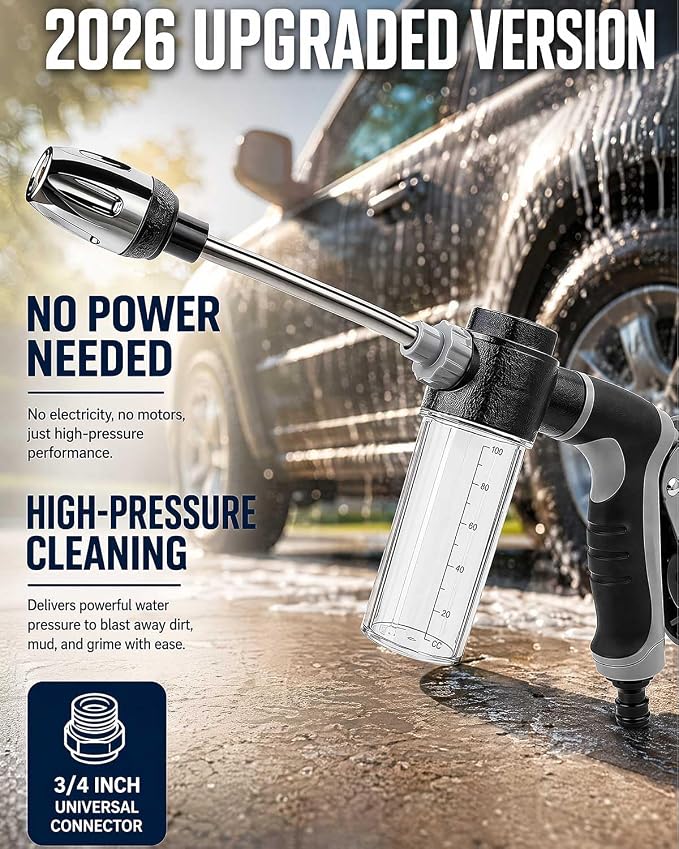 Heavy Duty Garden Hose Nozzle, 2026 Upgraded High Pressure Water Cleaning Jet, Multi-Function Sprayer for Lawn, Yard, Car, Pet, Driveway – Universal Fit 3/4 Inch Thread, No Electricity Needed