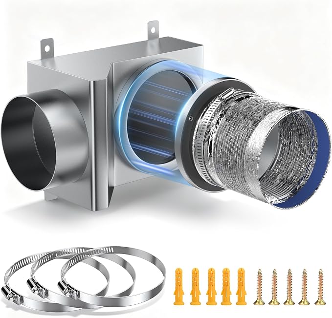 Magnetic Dryer Vent, 90 Degree Magnetic Dryer Vent Strong Magnet Dryer Vent Connector Kit Airtight Seal Adapter Quick Connect Disconnect Easy to Clean Foil Hose 4" Exhaust Duct with Clamps Screws