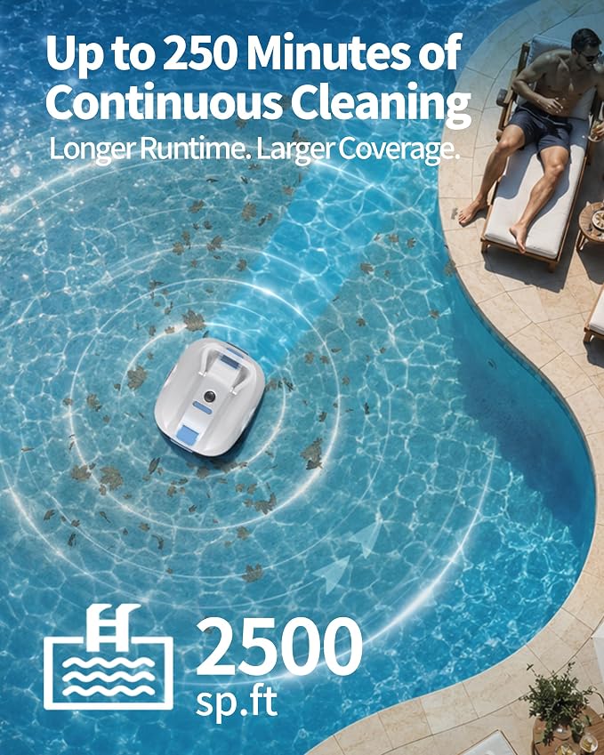 (2026 Upgrade) Robotic Pool Cleaner -Up to 250-Min Cordless Automatic Pool Vacuum Robot for Above Ground & Inground Pools -Powerful Suction Self-Parking for Swimming Pool up to2200 Sq. Ft -White
