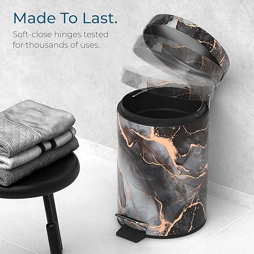 Sanilo Small Bathroom Trash Can with Lid [1.3 Gallon], Lidded Tiny Trashcan for Garbage, Mini Metal Bin with Soft Closing Mechanism, Bath Room Accessoire Wastebin with Inner Bucket (Marble Abstract)