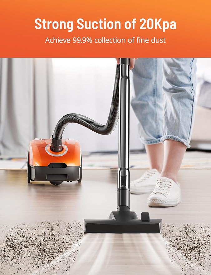 Bagged Canister Vacuum Cleaner, Canister Vacuum Cleaners for Home, Automatic Cord Rewind, Portable Corded Vacuum Cleaner with 3 Replacement Bags for Hard Floors, Pet Hair, Carpet and Upholstery