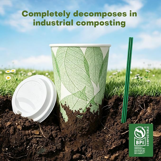 Plant-Based Compostable Cups Set – PLA Lined Disposable Coffee Cups with Lids, Straws & Sleeves, Eco-Friendly for Hot & Cold Drinks, Party, Travel, Office (16 oz 50 Count)