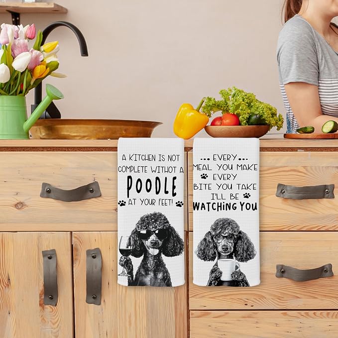 Funny Black Poodle Dog Kitchen Towels 16x24 Inch Set of 2 | Poodle Lovers Gifts for Women Men Dish Tea Towels for Kitchen, Dog Lover Mom Dad Owner Gifts Decorative Hand Towel