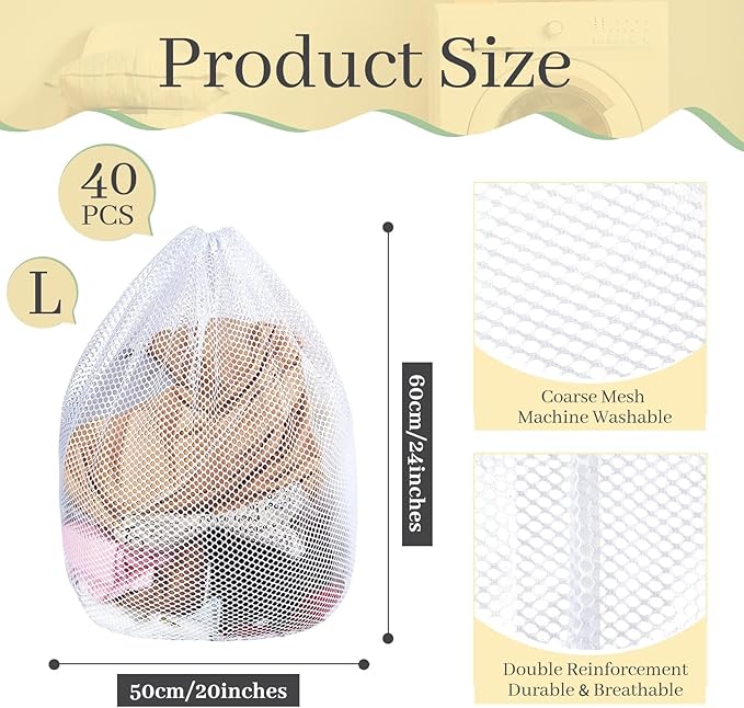40 Pcs Mesh Laundry Bags Bulk with Drawstring 20 x 24'' White Heavy Duty Mesh Bag Machine Washable Sturdy Large Net Laundry Wash Bag for Dormitory College Apartment Travelling Camping