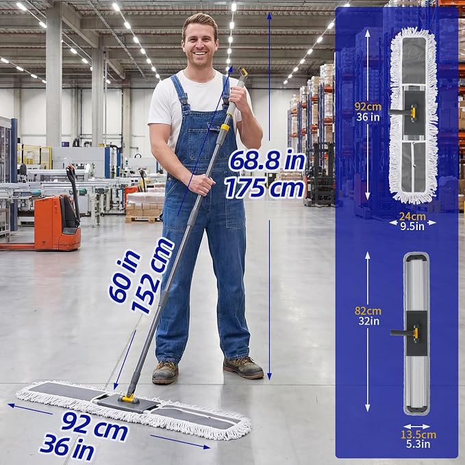 36" Commercial Dust Mops for Floor Cleaning, Masthome Professional Industrial Mop with 2 Pads, Heavy Duty Commercial Mop with 62'' Long Handle,Large Floor Mops for Office Garage Warehouse Factory Mall