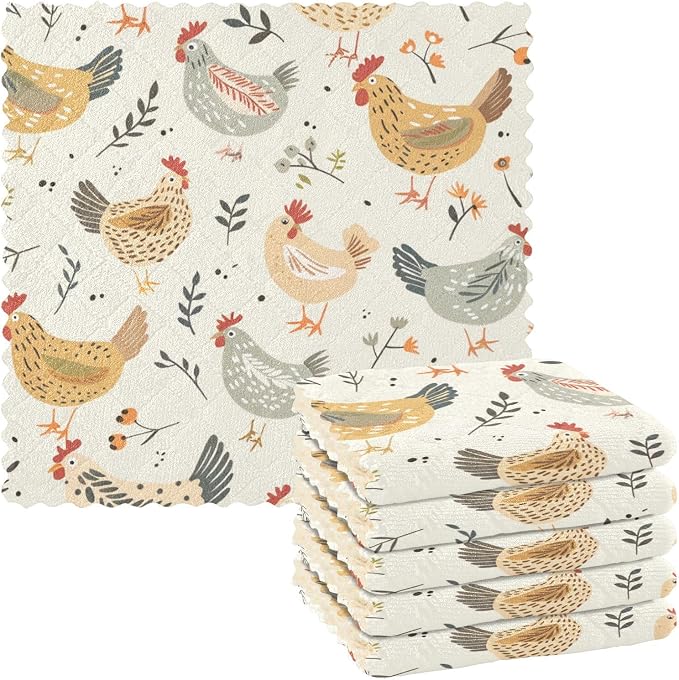 Flower Rooster Plant Kitchen Towels Dish Cloths Set of 6 Microfiber Cleaning Cloths for Cars Super Absorbent Machine