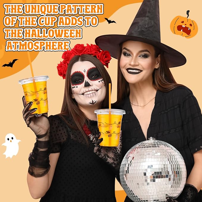 LemonRoad 50 Pcs 12oz Halloween Plastic Cups with Straws and Lids, Disposable Clear Party Cups Pumpkin Ghost Witch Drinking Set for Halloween Birthday Party Favors Supplies(Orange,Classic Style)