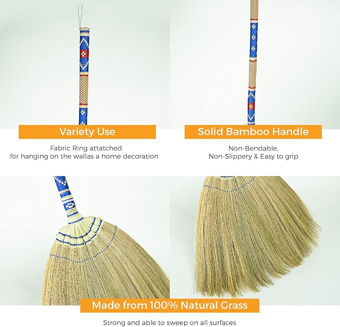 Natural Grass Thai Broom Vintage Retro Embroidered Woven Nylon, Handmade Broom, Housewarming Gift, Witch Broom, Broomstick Bamboo Stick Handle, Kong Grass Broom, Durable Broom for Indoor & Outdoor
