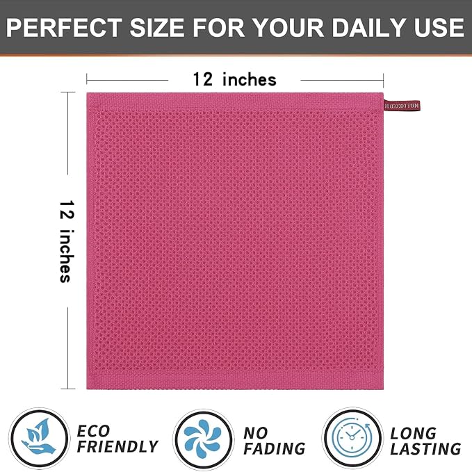 Kitinjoy 100% Cotton Kitchen Dish Cloths (12 X 12 Inches, Hot Pink), 8 Pack Waffle Weave Ultra Soft Absorbent Dish Towels for Drying Dishes Quick Drying Kitchen Towels Dish Rags