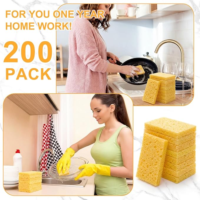 Zhengmy 200 Pieces Sponges Bulk Sponges Kitchen Compressed Sponge Natural Dish Sponge Compressed Wood Pulp Cleaning Without Scratching for Kitchen Bathroom, 3.9 x 2.4 x 0.12 Inch (Yellow)