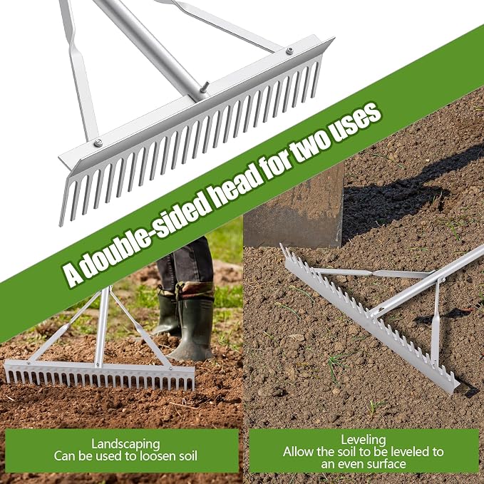 Qinyoung Aluminum Maintenance Rake 24 Inch Baseball Field Garden Landscape Rake with 66''-98'' Adjustable Handle for Yard Lawns Lake Weed Care Gardening Loosening Soil