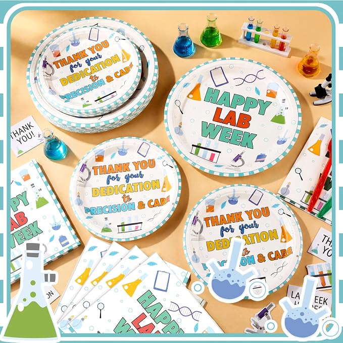 Remerry 96 Pcs Happy Lab Week Party Supplies Medical Laboratory Professionals Appreciation Plates and Napkins Set Decoration Thank You Laboratory Staff Disposable Plates for Lab Week Party Supplies