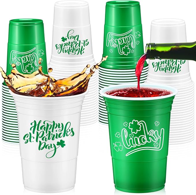 Pickmesh 50 Pcs St Patricks Day Plastic Cups 16oz Lucky Shamrock Design Disposable Cups for Lucky Party Supply St Patrick's Day Cups for Hot Cold Drinks Coffee Juice Beer Candy Snacks