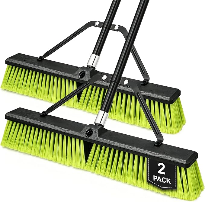 TidyBliss 2 Pack 24” Push Broom Outdoor Heavy Duty, Large Commercial Stiff Bristle Brush with 63 inches Long Handle for Garage Shop Garden Yard Patio Deck Street Warehouse Lawn Driveway (Yellow-Green)